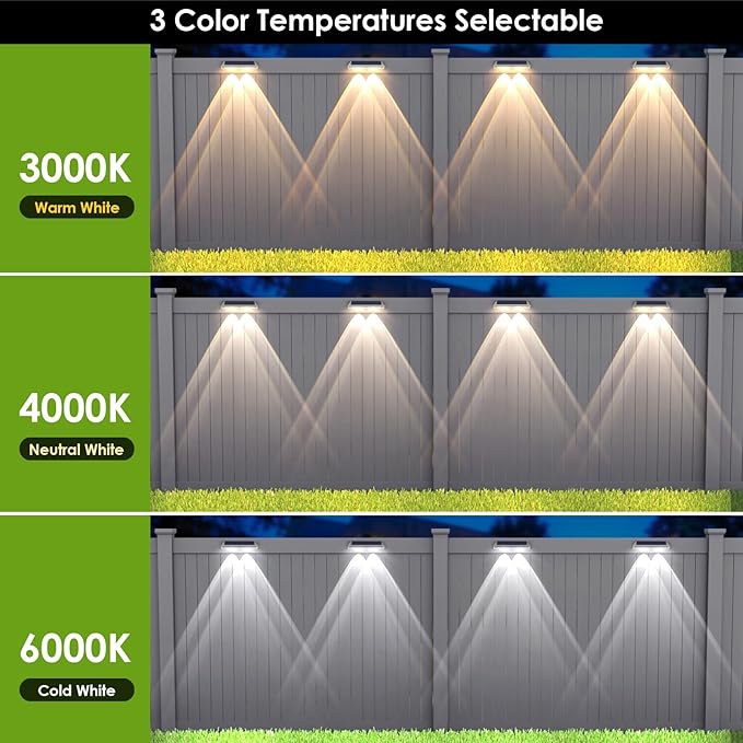 12 Pack Solar Fence Lights Outdoor Waterproof LED - 3000/4000/6000K 3 Mode, IP65 Waterproof Fence Lights Solar | Lumora