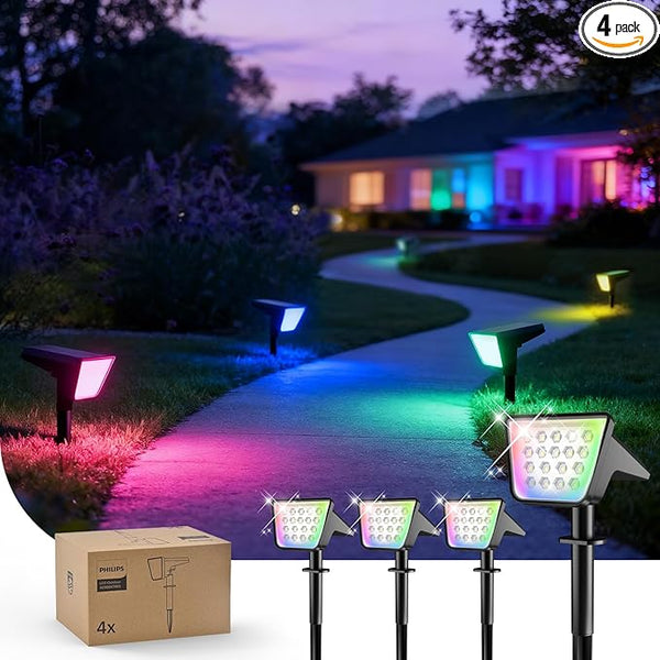 Philips 4 Packs Solar RGBW Spot Lights Outdoor, 18 LED Solar Powered Landscape Lights, 9 Lighting Modes | Lumora