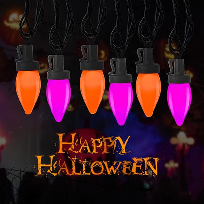 Purple and Orange Halloween Lights, 26FT 50 Count Halloween C7 LED String Lights for Indoor/Outdoor Use, Purple Orange Lights for Patio Home Party Garden Yard-Black Wire