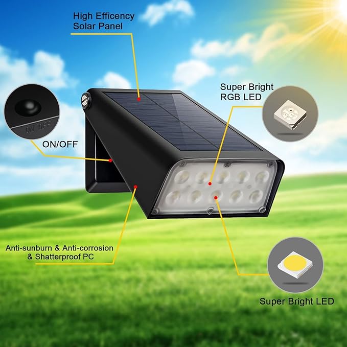 Fence Lights Solar Powered,90° Adjustable,with 7-Color Cycling & Super Bright, Auto Dusk to Dawn Solar Wall Lights Outdoor Waterproof for Garden,Patio,Yard,Pool,Deck,Porch (8 Pack)