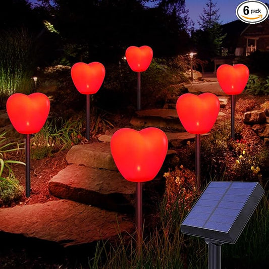 Set of 6 Solar Red Heart Stake Lights for Valentines Day Decor, Outdoor Waterproof Heart Shaped Light for Garden Pathway Flowerbed Cemetery Grave Porch Walkway Valentine's Theme Decorations