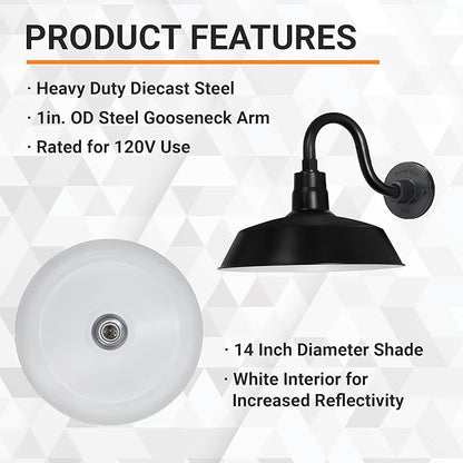14in. Satin Black Outdoor Gooseneck Barn Light Fixture with 10in. Long Extension Arm - Wall Sconce Farmhouse, Vintage, Antique Style - UL Listed - 9W 900lm A19 LED Bulb (5000K Cool White)