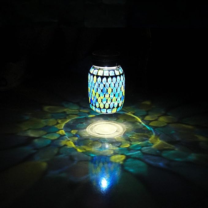 GUANFU Mosaic Solar Lanterns Outdoor Hanging Lights, Solar Table Lamps & Cool Blue Color Mosaic Glass Lights, Outdoor Waterproof Solar Night Lights, Garden,Patio,Pathway & Yard Décor…