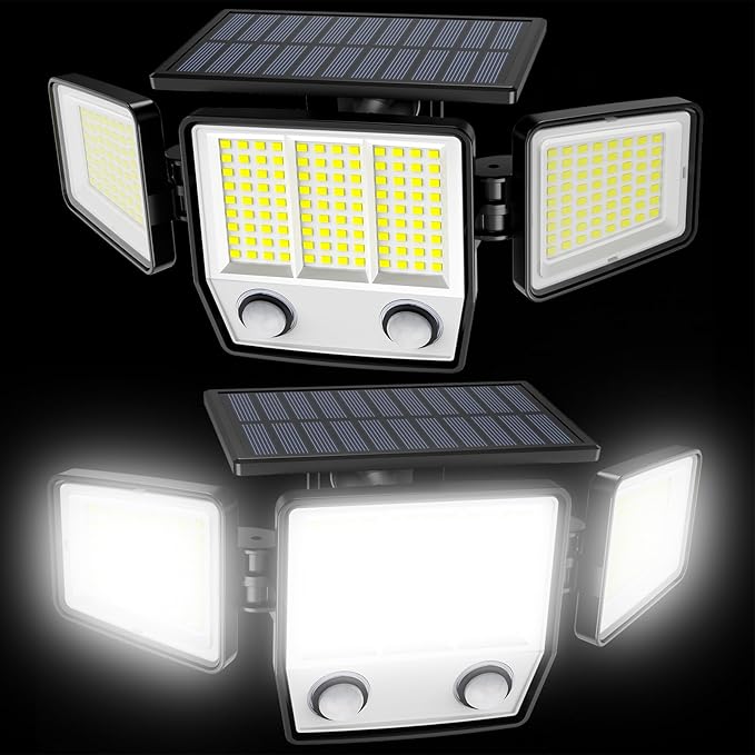 6500K Solar Outdoor Lights,3000LM 304 LED Motion Sensor Outdoor Lights, 3 Heads Security Light,IP67 Waterproof, 270°Flood Wall Light with 3 Modes for Backyard Yard,2 Pack