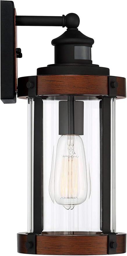 John Timberland Utley Industrial Outdoor Wall Light Fixture Dark Wood Finish Black 15 1/2" Motion Sensor Clear Glass for Exterior House Porch Patio Outside Deck Garage Yard Front Door Garden Home