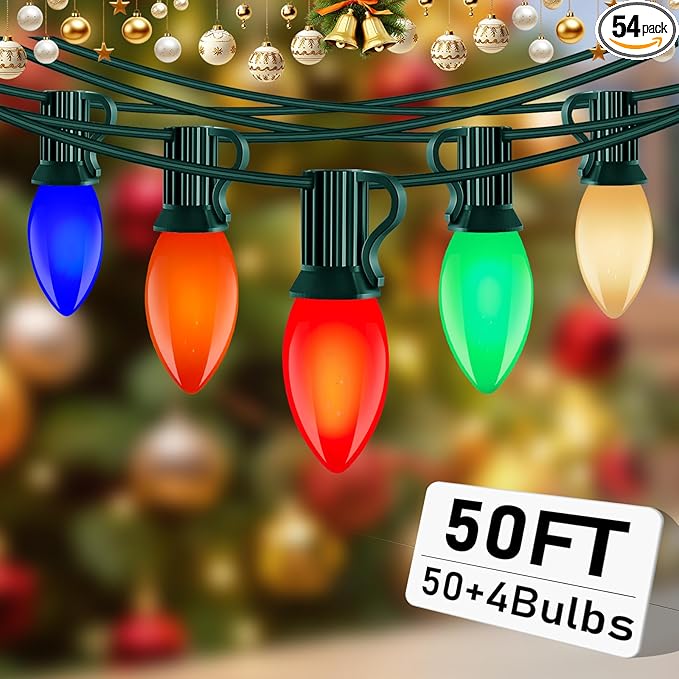 C9 LED Multicolor Christmas Lights, 50FT Outdoor String Lights with 54 Ceramic Bulbs (4 Spare), Waterproof Retro Christmas Lights Decor for Xmas Tree, Roof, Porch, Backyard, Indoor Outdoor Party