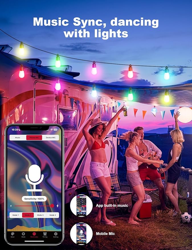 Outdoor String Lights APP Control with Remote, 64(52+12) ft RGB+IC+Warm White Outdoor Lights 18 LED Bulbs Music | Lumora
