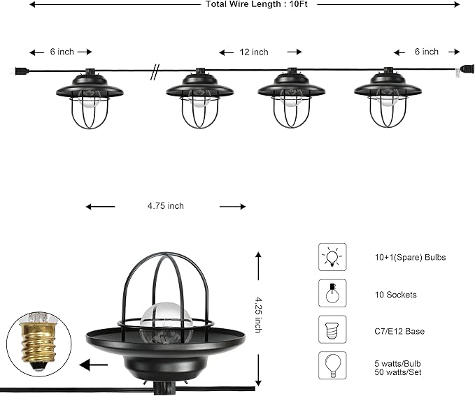 JONATHAN Y Indoor Outdoor Rustic Farmhouse LED G40 Metal Cage Shade String Lights Garden Patio Backyard Porch Balcony, 10 ft. 10-Light, Black