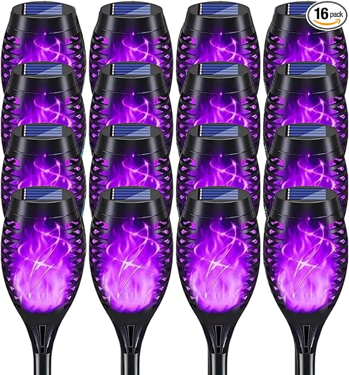 Solar Lights Outdoor Decorations, Upgraded Purple Flickering Flame, Waterproof Halloween Torch Lights, Tiki Torches for Outside Patio Pathway Decor, 6 Pack (16)