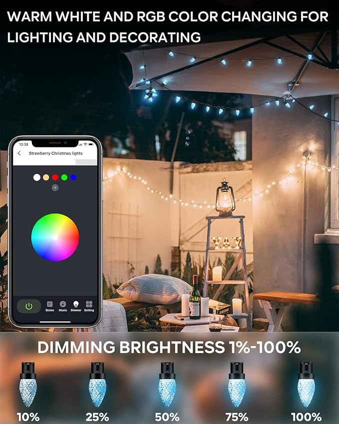 Dynamic C9 Christmas Lights Outdoor, 33Ft 50 LED Smart RGB, APP Remote Controlled, Connectable Waterproof Music Xmas Eaves Decoration