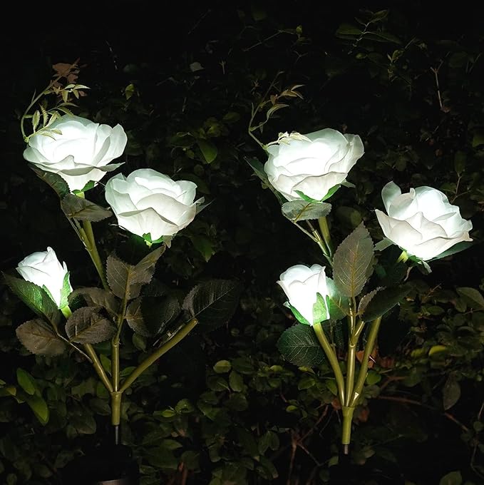 Solar Rose Garden Lights, 2 Pack Realistic Solar Flower Lights, Waterproof LED Decorative Stake Landscape Lights for Patio Pathway Grave Cemetery Outdoor Decor (White)