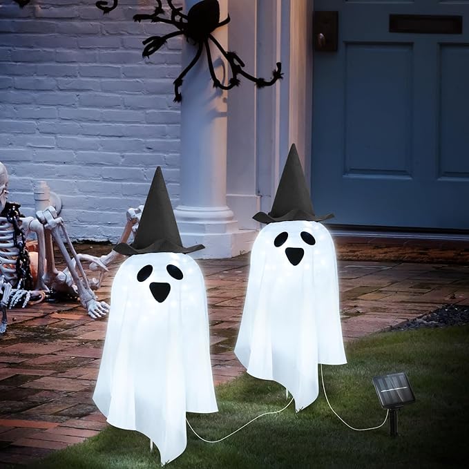 Solar Halloween Ghost LED Lights Outdoor, Set of 2 Big Ghost with Hat Stake Lights 2 Modes for Outdoor Halloween Pathway Yard Garden Decoration (Cool White-Ghost, 2 Pack)