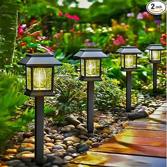 2 Pack Solar Pathway Lights Outdoor, IP65 Waterproof Upgraded LED - Auto On/Off Landscape Lighting for Driveway, Garden, Walkway, Patio & Yard Decor, Warm White