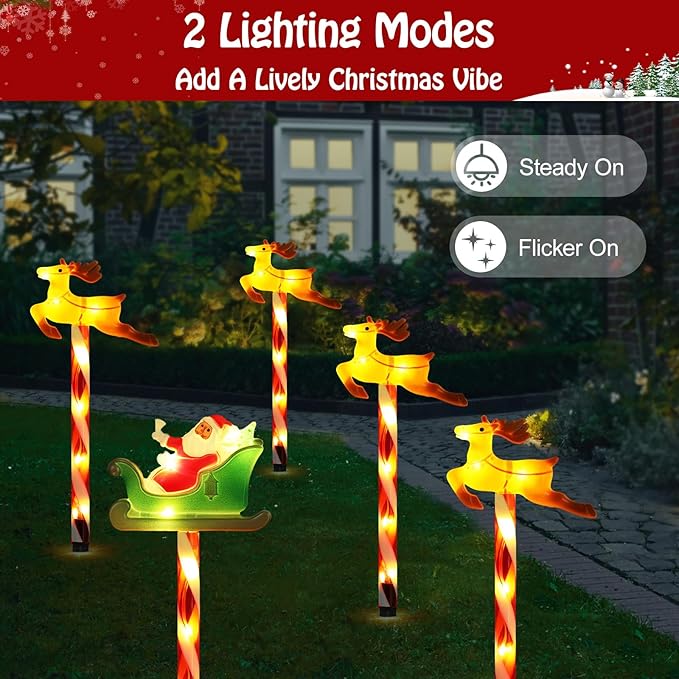 Lewondr Solar Christmas Pathway Lights, 5 PCS Solar Christmas Decorations Outdoor with 2 Lighting Modes, Santa Claus and Reindeer Lights with Garden Stake, Waterproof Garden Yard Patio Holiday Decor
