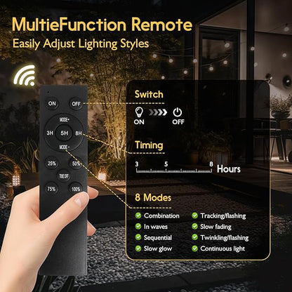 S14 Solar String Lights Outdoor with Remote 100 FT, USB & Solar Dual Charging, Waterproof, 8 Modes 3 Timers, 34+3 LED Shatterproof Bulbs, Dimmable Solar Light for Camping Backyard Bistro Porch Garden