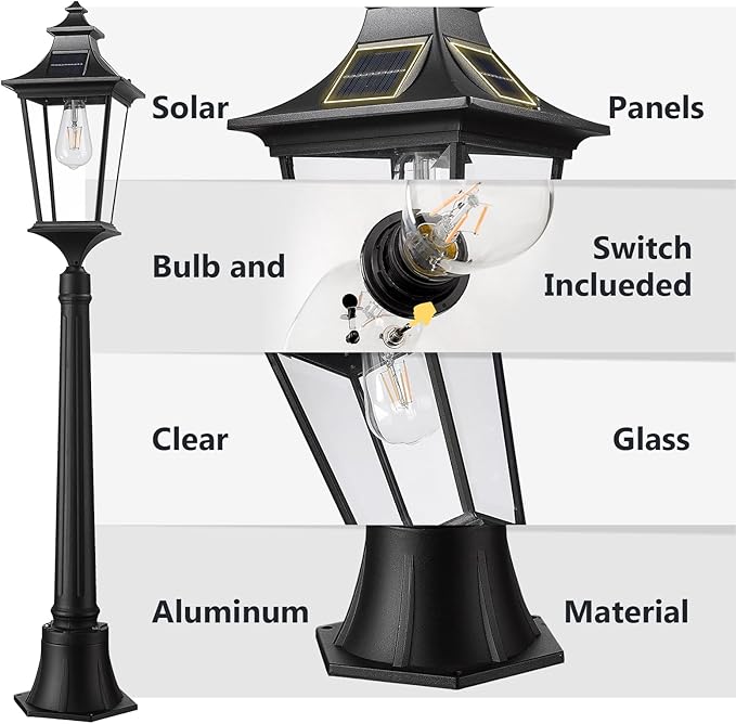Emliviar Outdoor Solar Lamp Post Light, Dusk to Dawn Pole Lights with Clear Glass, Waterproof Solar Garden Light with Remote Control, LED Bulb Included, 500181PL-SL BK