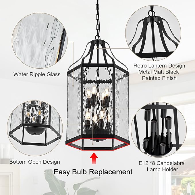 14" Modern 8-Light Exterior Black Lantern Pendant Light Fixture with Clear Rippled Glass Mini Industrial Hanging | Lumora
