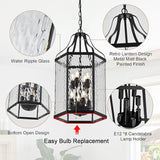 14" Modern 8-Light Exterior Black Lantern Pendant Light Fixture with Clear Rippled Glass Mini Industrial Hanging | Lumora