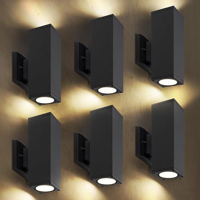 ASD 2 Light Square LED Indoor & Outdoor Wall Light Fixture | 18W 1900LM 3000K-5000K 120V Cylinder Up Down Lights | Dimmable Exterior Wall Sconce | Front Door, Porch, Patio | Black, ETL 6 Pack