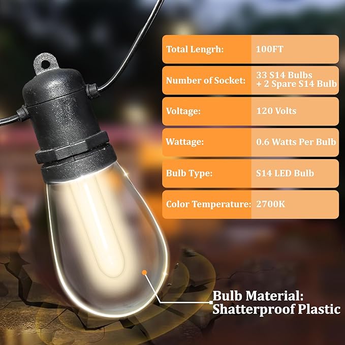 S14 Patio String Lights, 100FT Outdoor Patio String Light with 35 Clear LED Bulbs (2 Spare), UL Certified | Lumora