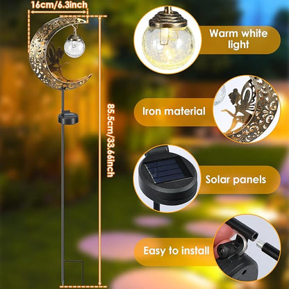 Solar Garden Lights, Moon Fairy Crackle Glass Stake Lights, Waterproof Warm White LED Metal Stake Decorative Lights, Outdoor Pathway Light, Solar Powered Garden Decorations for Walkway Lawn Patio Yard