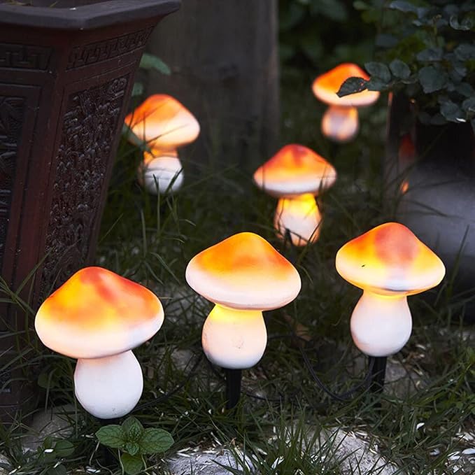 Set of 3 Orange Solar Powered Mushroom Toadstool LED Outdoor Waterproof Garden Pathway Landscape Lights
