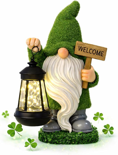St Patrick’s Day Green Garden Gnome Statue with Solar Lantern Welcome Sign Outdoor Decor for Porch Lawn Patio Yard Holiday Decorations Housewarming Gifts for Women