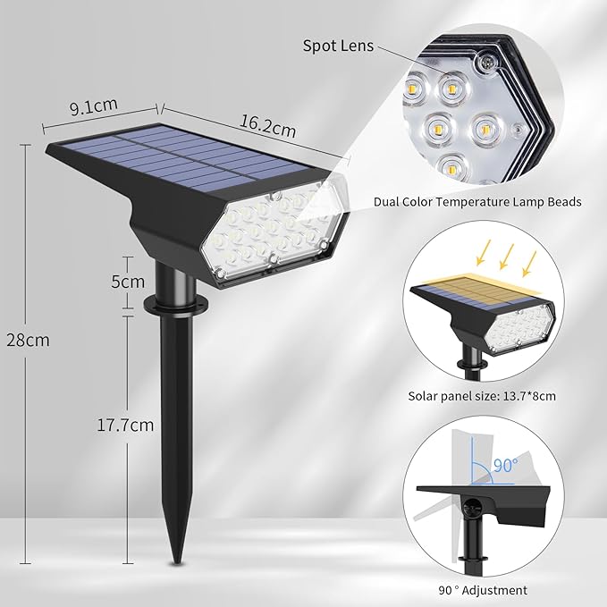 I-SHUNFA Solar Spot Lights Outdoor 2Pack,4 Lighting Modes,Cool White and Warm White 2 Colors Adjustable Solar Light,Auto On/Off Solar Powered Landscape Light for Yard Wall Pathway