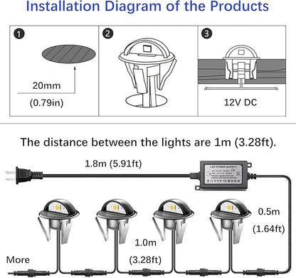 LED Outdoor Deck Lights with Photocell, Φ1.38in Warm White 10 Pack Black, Low Voltage 12V IP65 Waterproof, Electric Wired Recessed Stair Step Riser Mini Under Landscape Lighting for Yard Floor