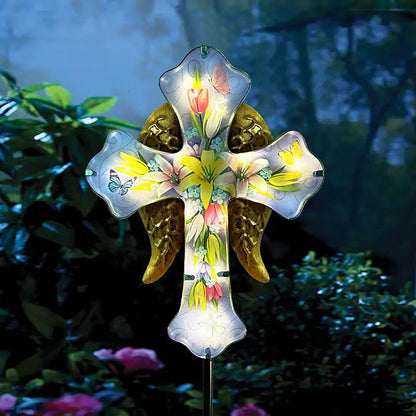 WAIU Solar Cross Garden Stake Lights,Metal Angel Wing & Acrylic Flowers Cross Solar Christmas Lights Outdoor,Waterproof Memorial Garden Decor for Cemetery,Grave,and Remembrance Gifts