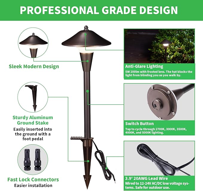 Hardwired Landscape Path Lights, Warm & Cool White Selectable Pathlight 12V, Low Voltage Walkway Light Waterproof, 5W 200LM ORB Metal Outdoor Lighting for Driveway Garden Sideway (6 Pack)