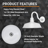 14in. White Outdoor Gooseneck Barn Light Fixture with 10in. Long Extension Arm - Wall Sconce Farmhouse, Vintage | Lumora