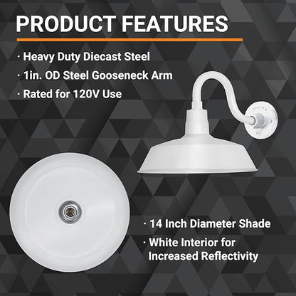 14in. White Outdoor Gooseneck Barn Light Fixture with 10in. Long Extension Arm - Wall Sconce Farmhouse, Vintage, Antique Style - UL Listed - 9W 900lm A19 LED Bulb (5000K Cool White)