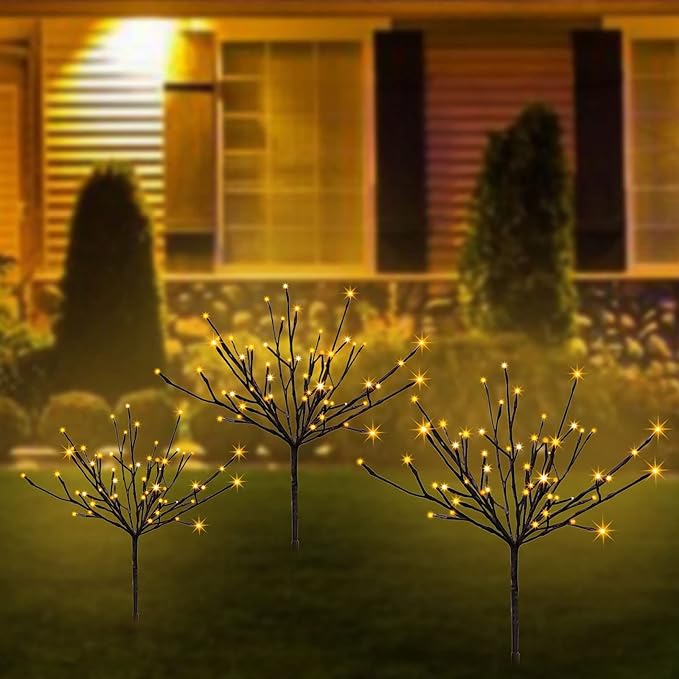 Solar Pathway Lights Outdoor,3 Pack LED Twig Garden Lights with Stakes for Walkway Driveway Yard Lighted Brown Branches 60 LED Decorative Lights 2 Lighting Modes
