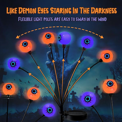 Lewondr Halloween Decorations Outdoor Eyeball Lights, 6 Pack Solar Garden Lights with 2 Modes, Waterproof Firefly Lamps Swaying by Wind for Yard, Pathway, Lawn, Patio, Party, Purple + Orange