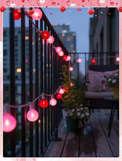 G40 LED Valentine’s Day String Lights, 25Ft Valentines Decorations Lights Outdoor with Frosted Red Pink Round Bulbs, Hanging Patio Lights Shatterproof for Indoor Home Decor Wedding Party, White Wire