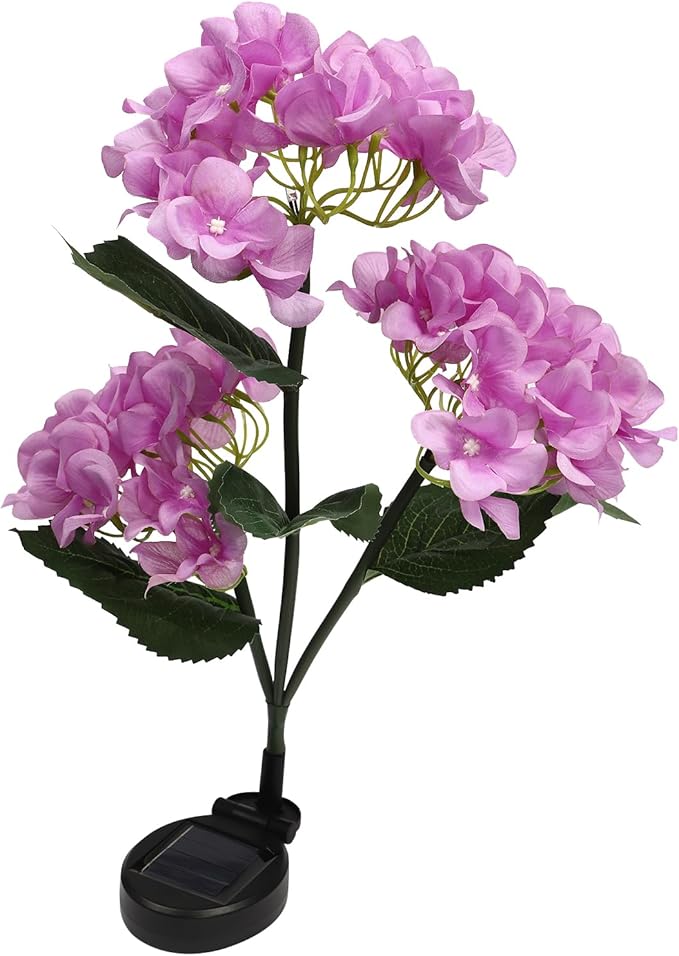 LED Solar Garden Light Outdoor Decorative Artificial Flower Path Light, 3 Blooming Realistic Hydrangea Flowers Solar-powered Light Waterproof Landscape Pathway Yard Walkway Solar Flower Light