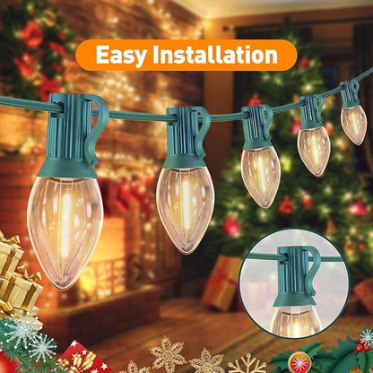 C7 Christmas Lights Outdoor 10ft - Warm White & Clear LED String Lights with 10 Vintage Bulbs, Waterproof Green Wire for Roofline, Patio, Xmas Tree, Halloween, Holiday Decor