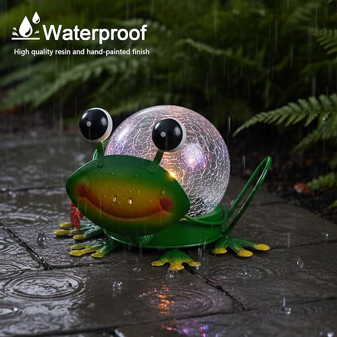 Solar Lights Outdoor Frog Garden Decor with Crackle Glass Globe Lights - Cute Metal Frog Decor for Yard Lawn Patio | Lumora