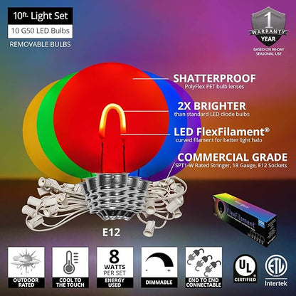 Wintergreen Lighting 10' Shatterproof FlexFilament LED Party Lights Globe String Lights G50 Backyard Lights Multicolor Outdoor Patio Lights String (10 Bulbs on White Wire)