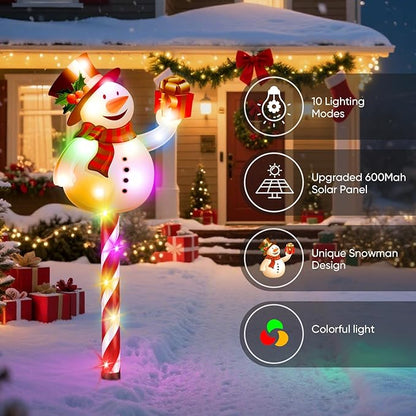 Solar Christmas Decorations Outdoor: Set of 5 Snowman Pathway Lights with Candy Cane Stakes - 10 Modes Waterproof Solar Powered Holiday Yard Decor for Garden Lawn Walkway - Gifts for Women Men