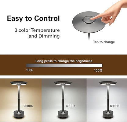 2 Pack Cordless Table Lamps Rechargeable, Portable Battery Operated Lamp, Stepless Dimming LED Table Light with Memory Function, for Outdoor/Dinner/Patio/Restaurant - Gun Metal