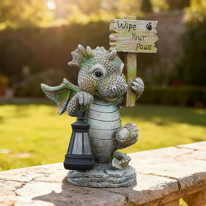 Solar Dragon Garden Statue with Lantern, Resin Outdoor Yard Decor Figurine, Waterproof Solar Powered Light for | Lumora