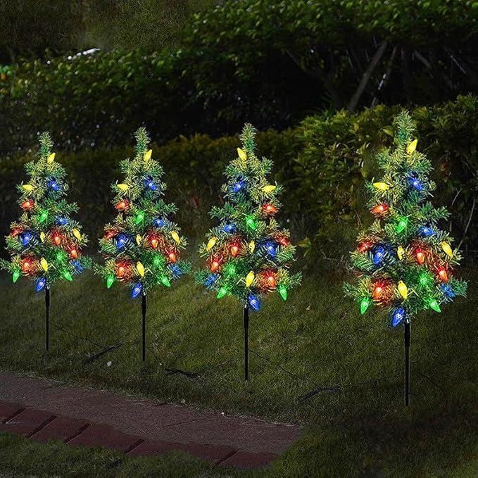 4 Set Solar Christmas Tree Lights Decorations Outdoor Waterproof, 80 LED Lights with 8 Modes Christmas Solar Stake Lights Cemetery Xmas Tree for Grave Pathway Outside Garden Yard Lawn Decor