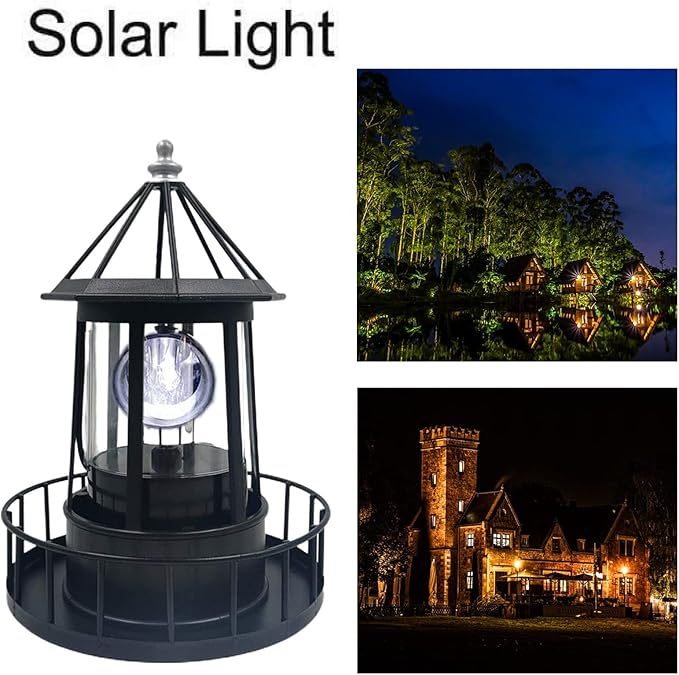 LED Solar Powered Lighthouse, 360 Degree Rotating Lamp Courtyard Decoration Waterproof Garden Smoke Towers Statue Lights for Outdoor Garden Pathway Patio