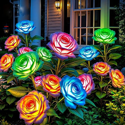 Solar Lights Outdoor Waterproof, 2026 Upgraded Solar Garden Lights with Beautiful & Realistic Rose Flowers, 7 Color Changing Outdoor Solar Lights for Outside Yard Porch Patio Garden Decor, 3 PK