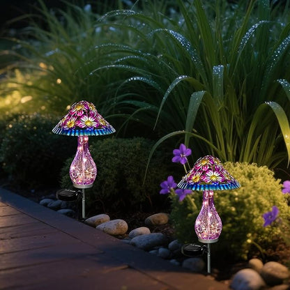 Solar Outdoor Lights, Hand-Blown Glass Mushroom Solar Lights Outdoor with Metal Ground Spikes, Decorative Solar Lights for Outdoor Garden Yard Lawn Porch Backyard Pathway, Gifts for Mom Women (Purple)