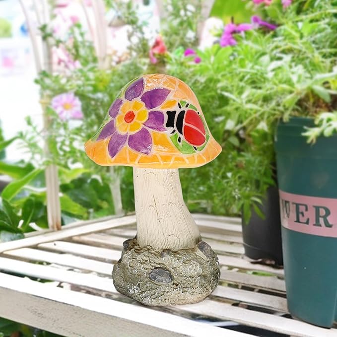Mushroom Solar Lights Outdoor: Fairy Garden Decor Mosaic Art Outside Statue LED Figurine Backyard Lawn Ornaments Flowerbed Porch Gift Ideas for Lover Mom Grandma