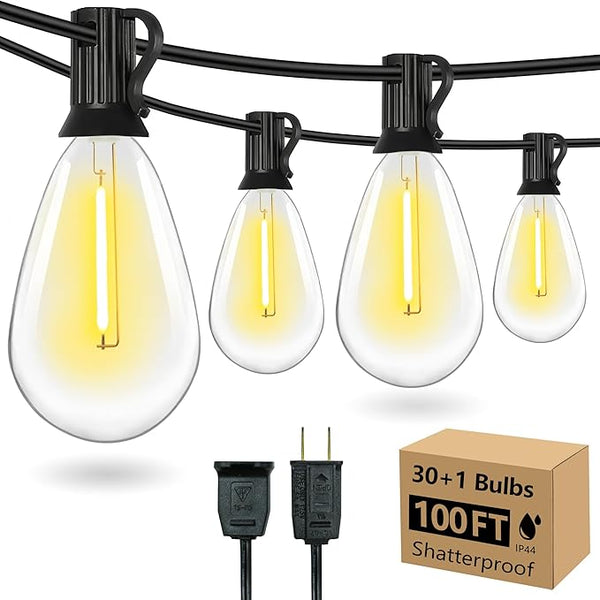 100FT Outdoor String Lights for Outside Patio Lights with 30+1 Shatterproof S14 E12 LED Bulb, 2700K Outside Hanging | Lumora