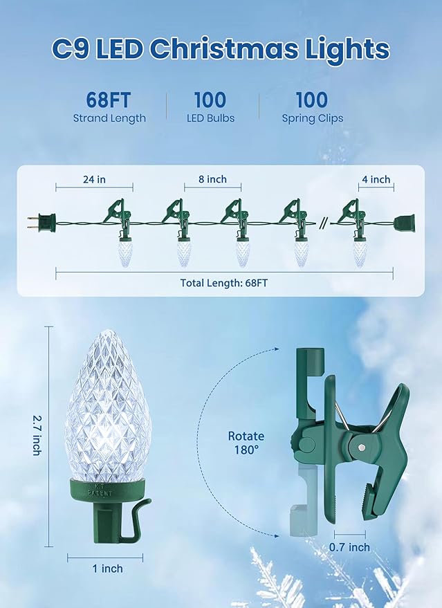 C9 LED Christmas Lights Outdoor, 68 Feet 100 LED Strawberry String Lights with 100 Spring Clamps, Commercial Grade Waterproof Extendable for Outside Roofline Patio Home Xmas Decoration, Pure White